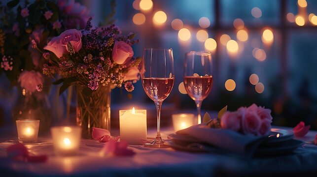 Romantic dinner setting with candlelight and sparkling wine creating an intimate atmosphere