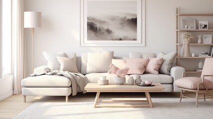 Fototapeta na wymiar Scandinavian elegance, interior of modern elegant living room 