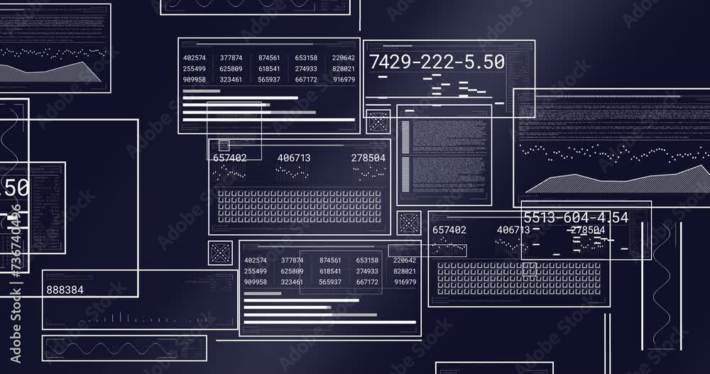 Poster Animation of screens with data processing over dark background