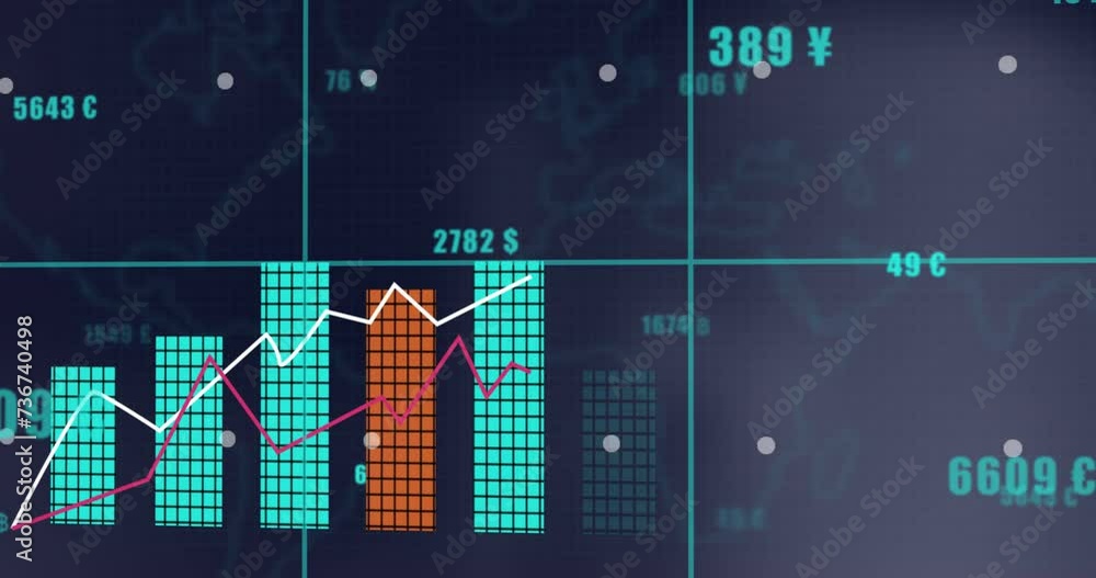 Poster animation of financial data processing over dark background