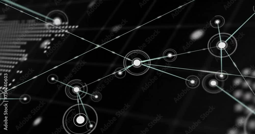 Poster animation of world map over network of connections on dark background