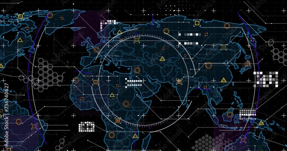 Fototapete animation of scope and data processing over world map