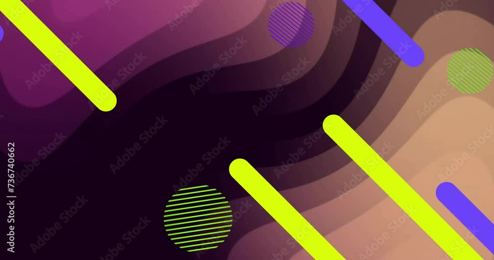 Poster animation of shapes over neon pattern background
