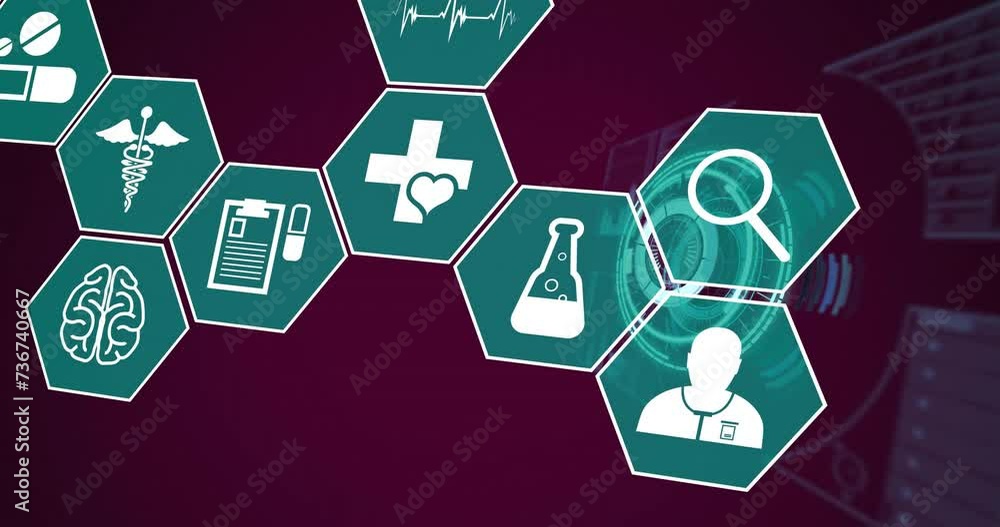 Aufkleber animation of icons with medical data processing over dark background