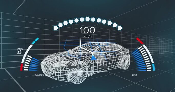 Animation of 3d car model and data processing over dark background