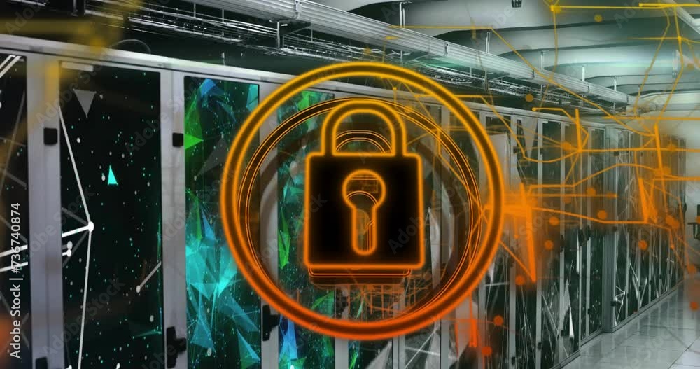 Poster animation of scope with padlock and data processing over computer servers
