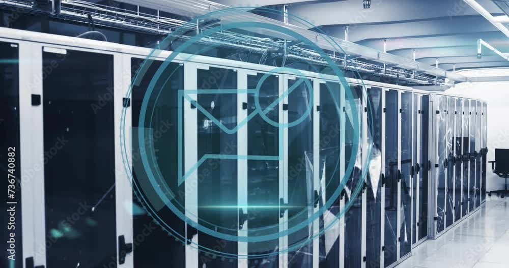 Poster animation of scope with email icon and data processing over computer servers
