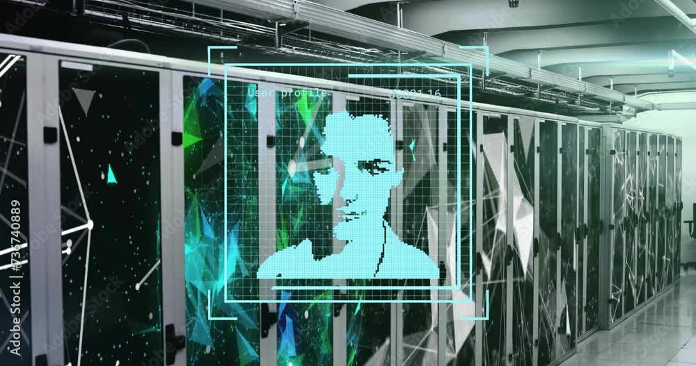 Poster animation of biometric photo and data processing over computer servers