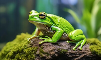 photo closeup shot of a green frog on a rock at the zoo