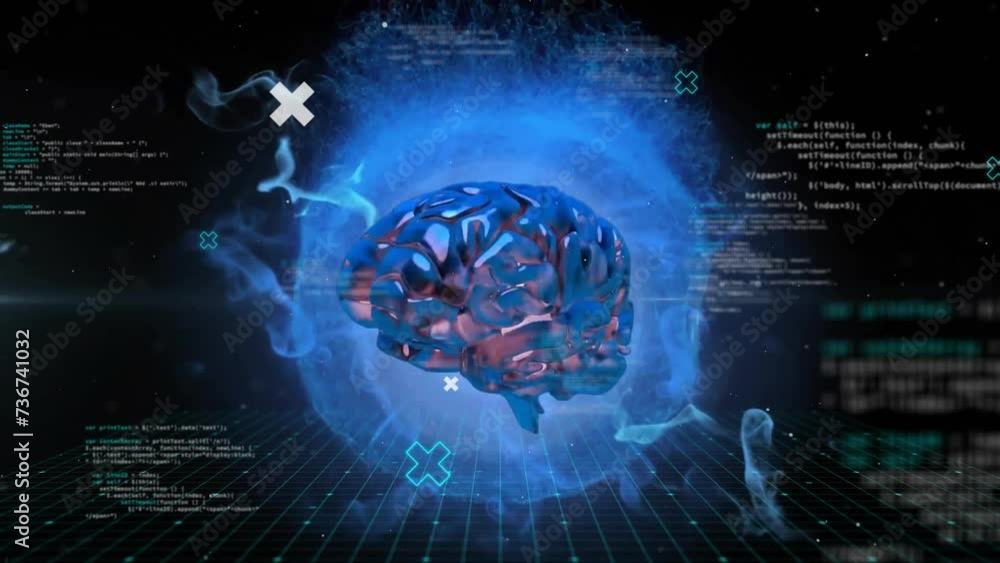 Poster animation of human brain and data processing over dark background