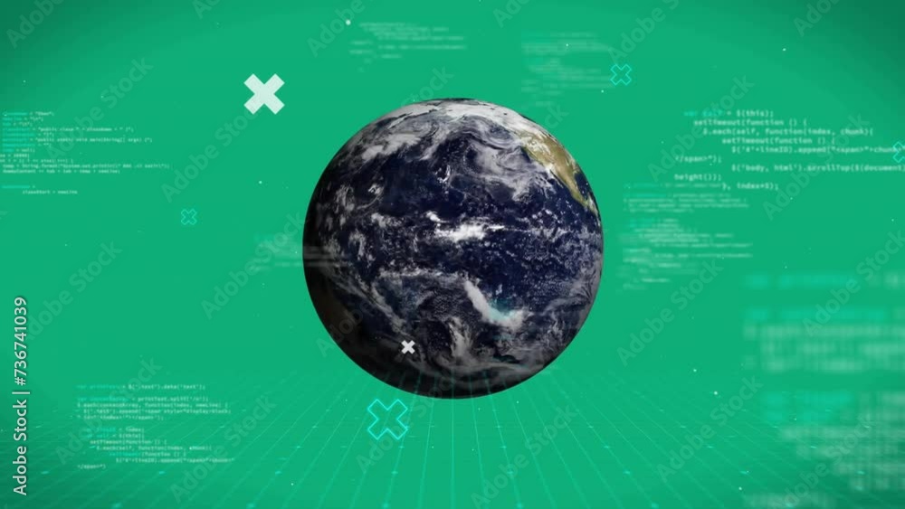 Poster animation of globe with data processing over green background
