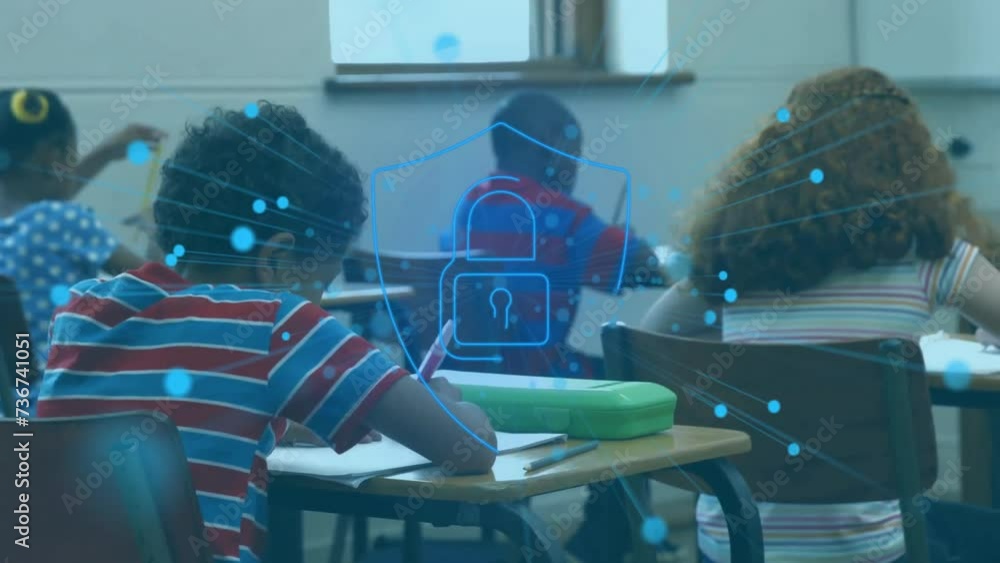 Aufkleber animation of padlock and network over schoolchildren working at desks in class