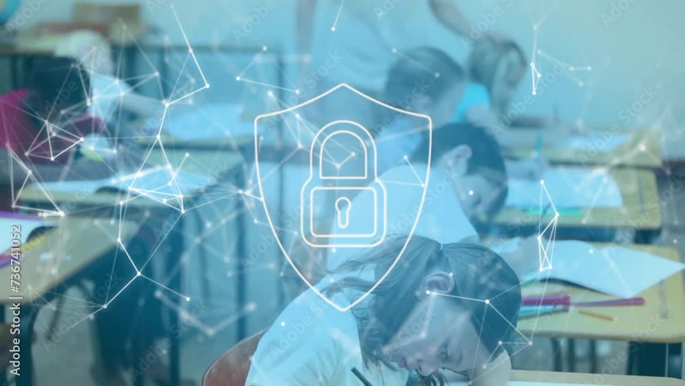 Poster animation of padlock and network over diverse children working at desks in class