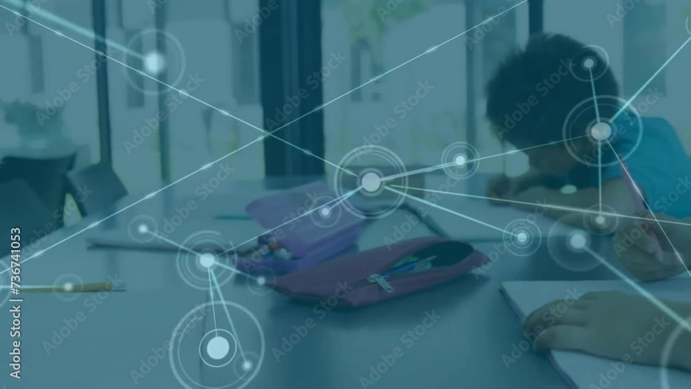 Poster animation of fingerprint scan and network over diverse children in class