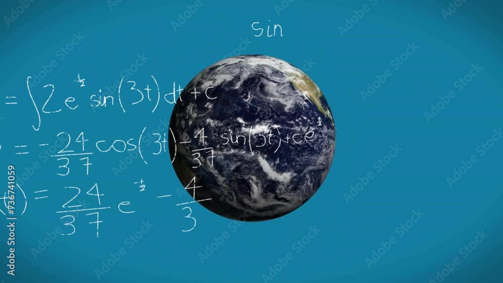 Poster animation of globe with mathematical data processing on blue background
