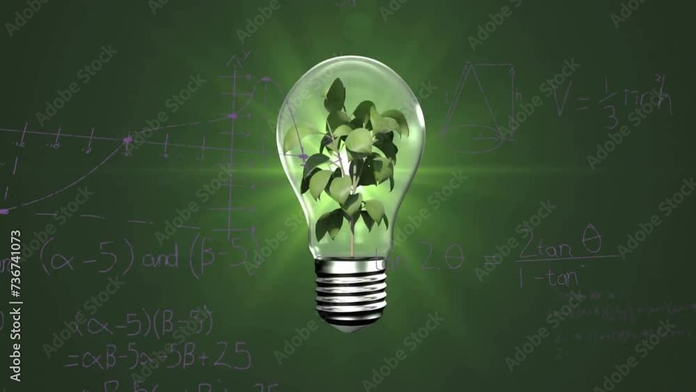 Poster animation of plant in light bulb with mathematical data processing on green background