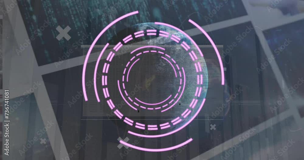 Poster animation of pink scanner over processing data on interface screens