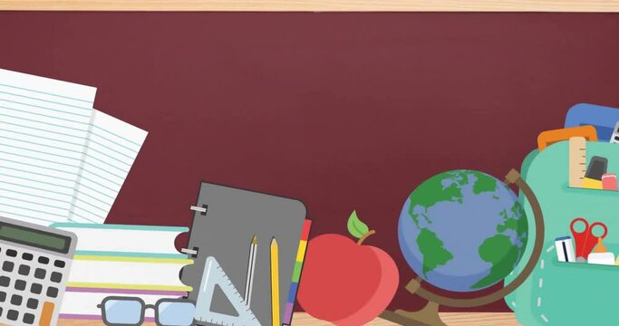 Animation of schoolbag, apple, globe and school equipment on brown chalkboard background