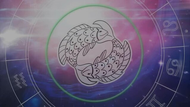Animation of green scanner over pisces fish symbol and zodiac signs over lights and purple clouds