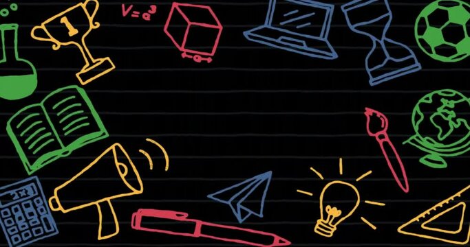 Animation of colourful school equipment icons and central copy space on black chalkboard