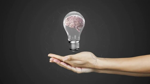 Animation of human brain in light bulb over woman's hands on grey background