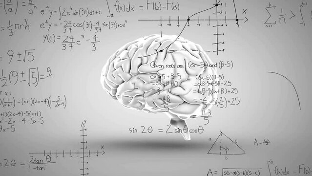 Animation of human brain and mathematical data processing on grey background