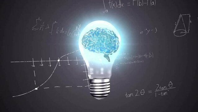 Animation of human brain in light bulb with mathematical data processing on grey background