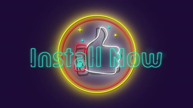 Animation of install now neon text in circle on black background