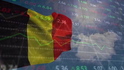 Animation of financial data processing over flag of belgium - Powered by Adobe