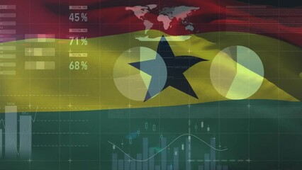 Animation of financial data processing over flag of ghana - Powered by Adobe