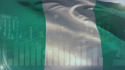 Animation of financial data processing over flag of nigeria - Powered by Adobe