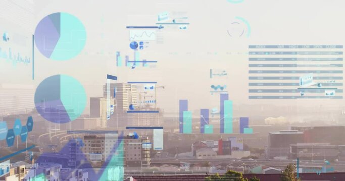 Animation of financial data processing over city