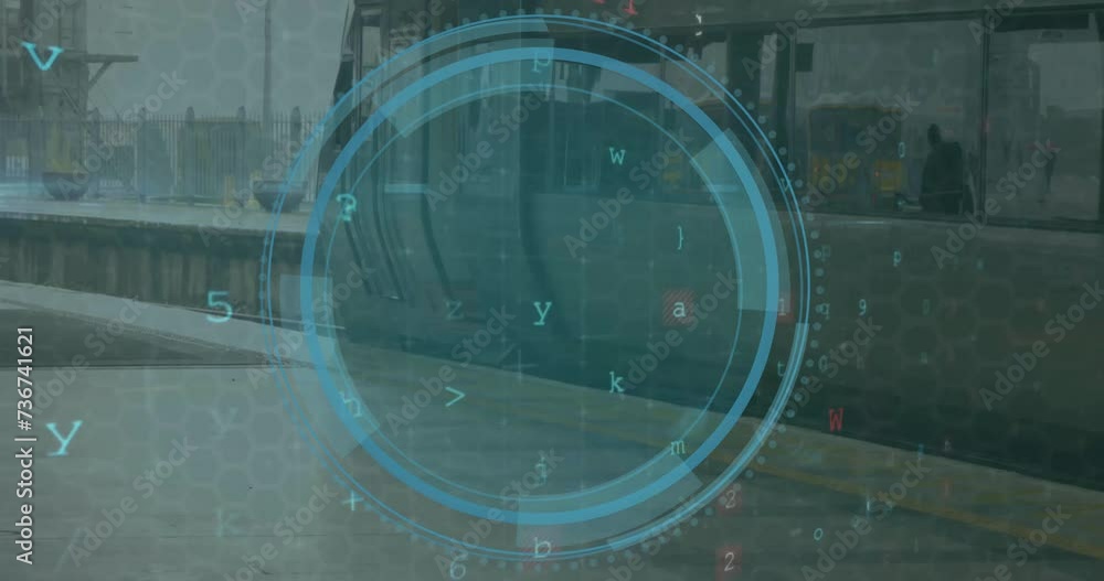 Poster animation of cyber attack text, scope and data processing over city