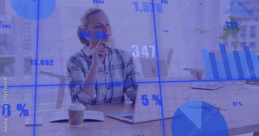 Poster animation of scope and data processing over caucasian businesswoman using laptop