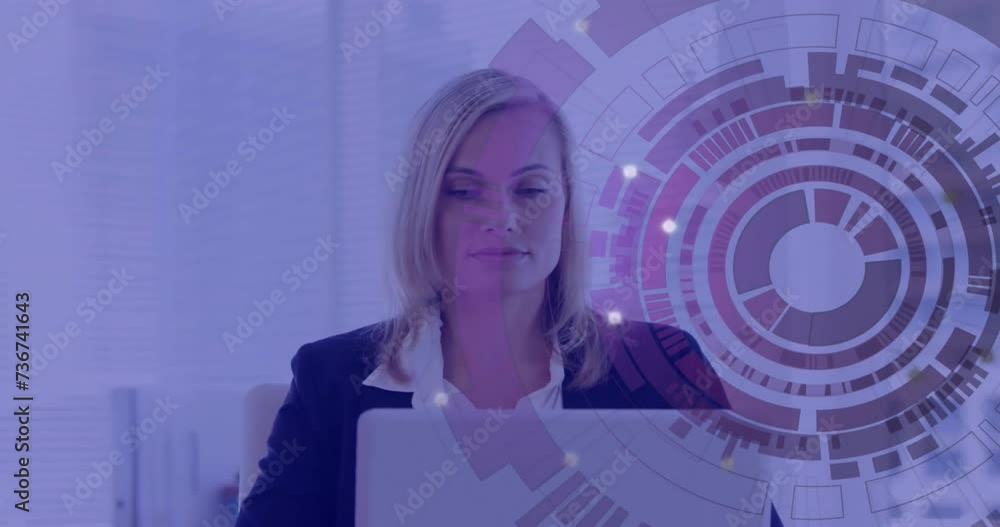 Poster animation of scope and data processing over caucasian businesswoman using laptop