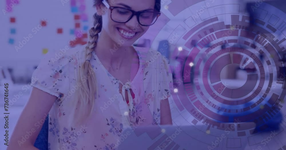 Poster animation of scope and data processing over caucasian businesswoman using laptop