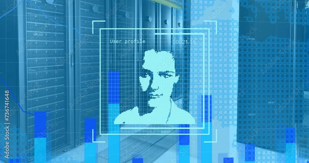 Poster animation of biometric photo and data processing over computer servers