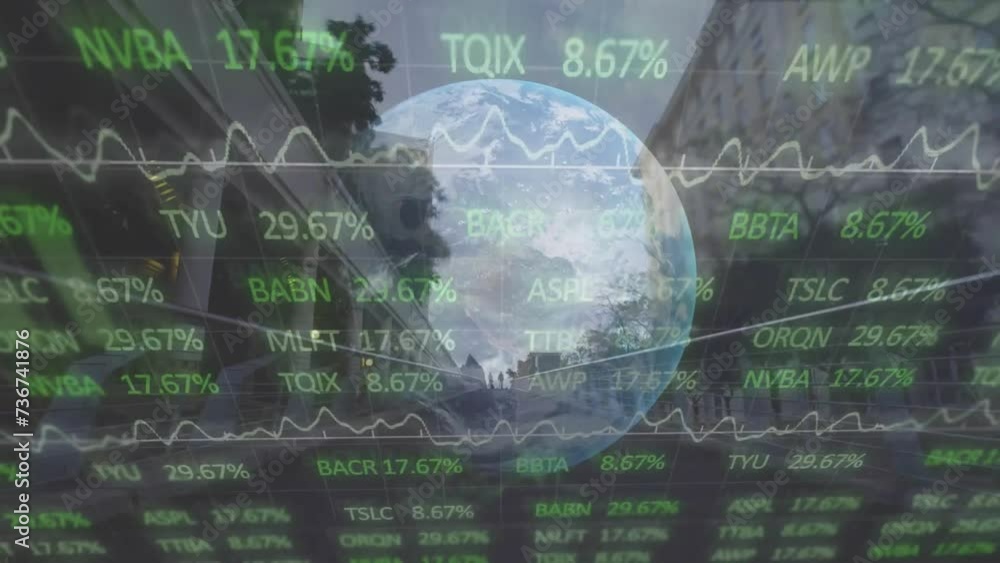 Poster animation of financial data processing over globe and cityscape