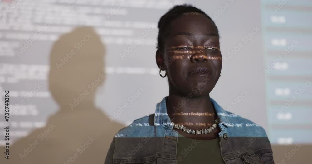 Poster Woman, presentation and coding with software in office for solution, speaking and web 3.0 development. African programmer, projector and speaker with smile for information technology with feedback