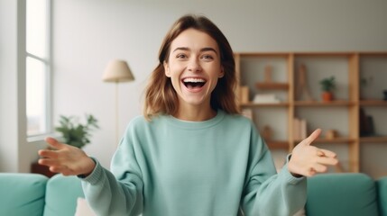 Woman in green sweater with joyful video call gesture at home