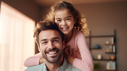 Happy father with daughter on shoulders, loving family moment