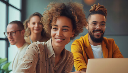 Group of people from different backgrounds working together in a supportive work environment. African American woman in closeup. 