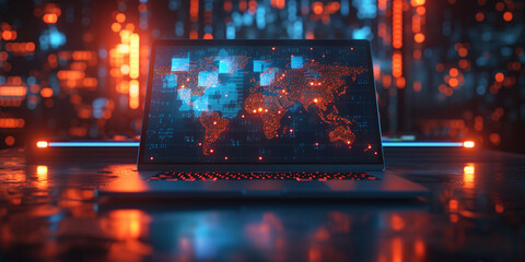 Laptop with world map for data processing Complexity graphs and analytical diagrams in technology background Bright neon dark - Powered by Adobe