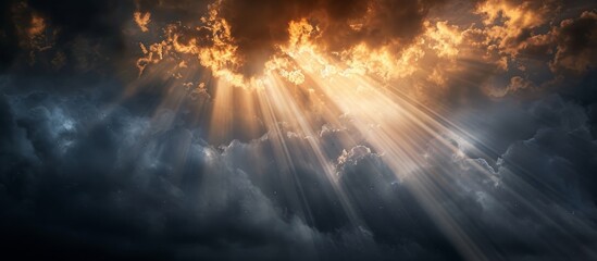 Sunlight piercing through dark clouds in the sky, creating a stunning atmospheric event in the landscape
