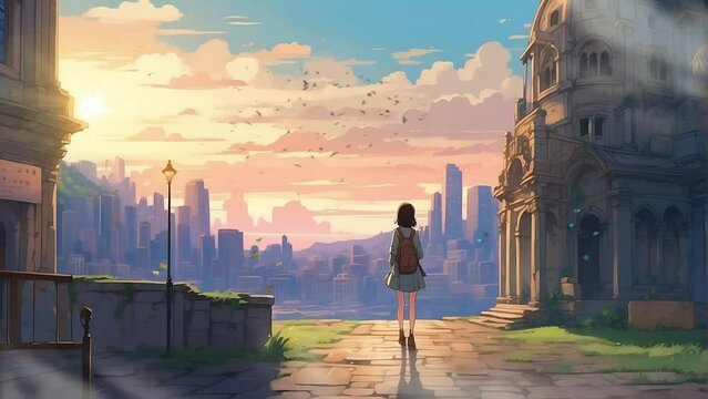The girl stood transfixed in the alley, gazing at the city buildings as the sun rose. It's a cartoon or anime-style looping video animation depicting a morning cityscape scene