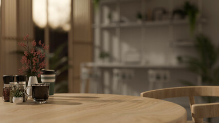 A display space on a wooden table in a modern, minimal cafe.