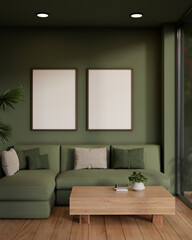 Fototapeta na wymiar The interior design of a modern living room in green color features a cozy green sofa and green wall