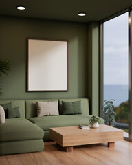 The interior design of a modern living room in green color features a cozy green sofa and green wall
