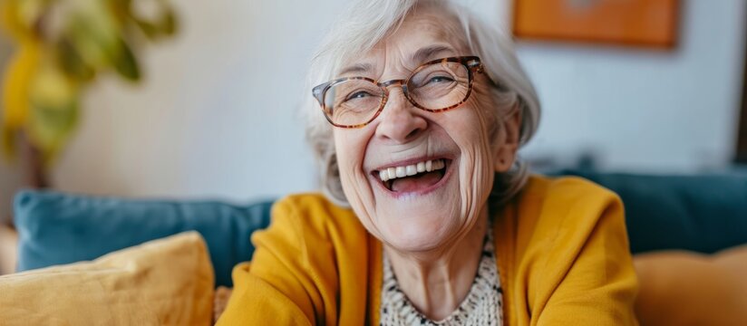 An elderly woman, wearing glasses and a hat, sits on a couch smiling and laughing while her wrinkles show happiness in her eyes