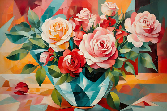 Roses. A bouquet of beautiful flowers in a modern style and cubism